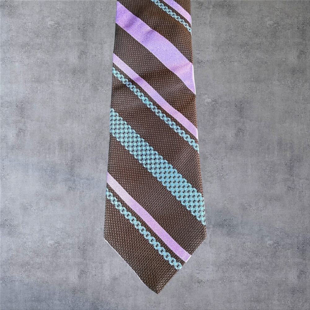 Robert Talbott Estate Tie Silk Brown Lavender Blue Textured Stripe Hand Made USA